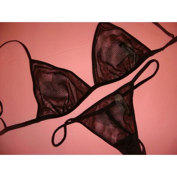 Victoria's Secret M BRALETTE BRA SET+thong+TEDDY BLACK mesh heart CRYSTALLIZED - Picture 3 of 7